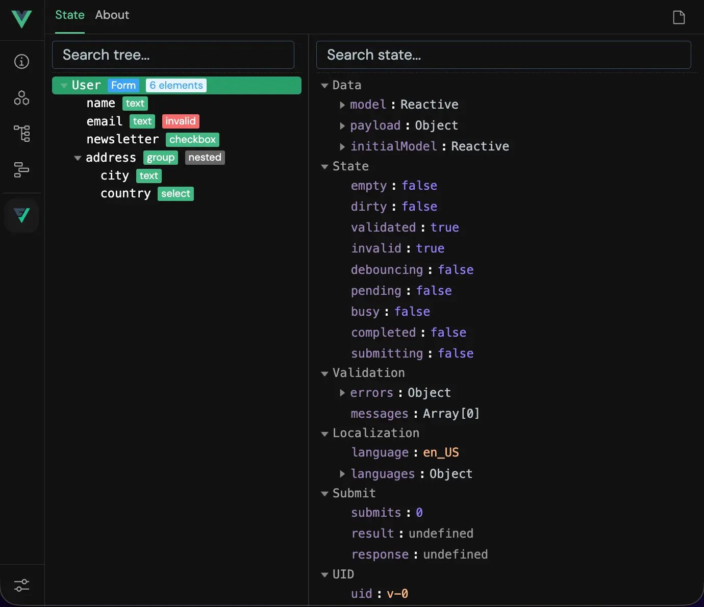 The Vueform inspector in Vue DevTools, with a form tree on the left and the selected element's data and state on the right.