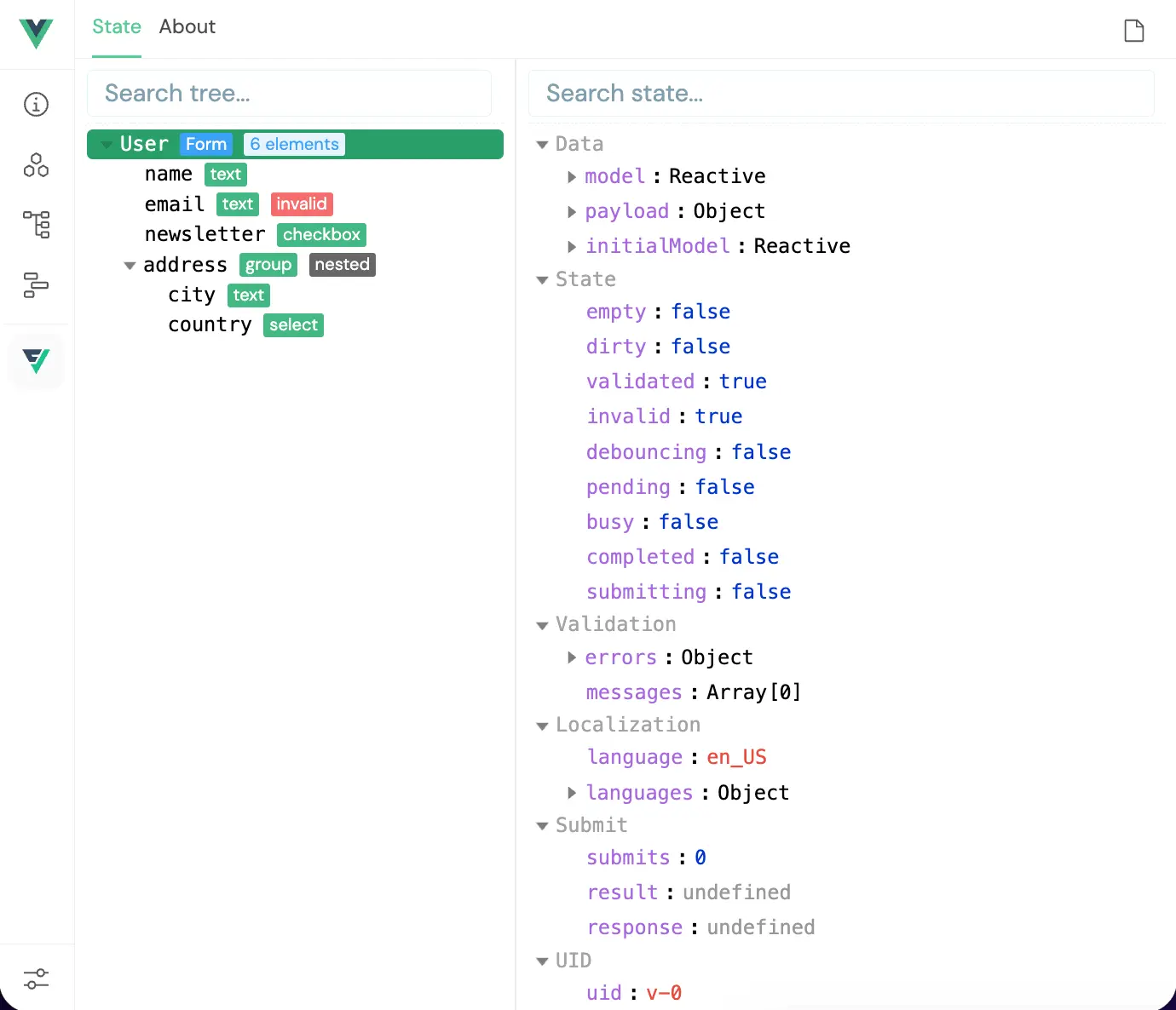 The Vueform inspector in Vue DevTools, with a form tree on the left and the selected element's data and state on the right.